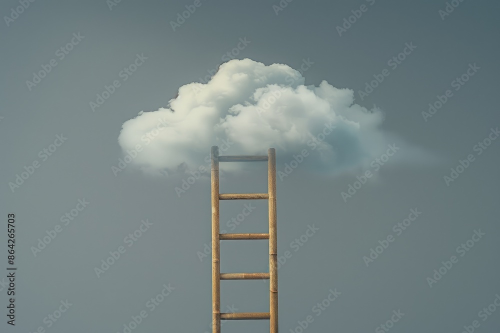Conceptual design of a wooden ladder against a grey background with a cloud providing copy space for text Conceptual design of a wooden ladder against a grey background with a cloud providing copy space for text