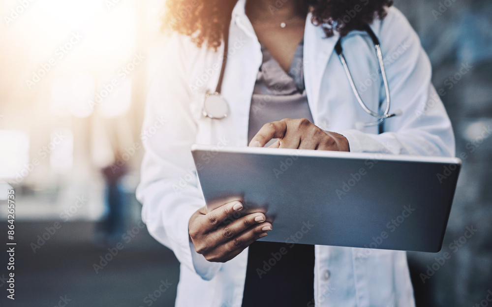 Woman, doctor and hands with tablet for medical in hospital, electronic reading or healthcare records. Prescription management, ebook technology and professional checkup, research for wellness Woman, doctor and hands with tablet for medical in hospital, electronic reading or healthcare records. Prescription management, ebook technology and professional checkup, research for wellness