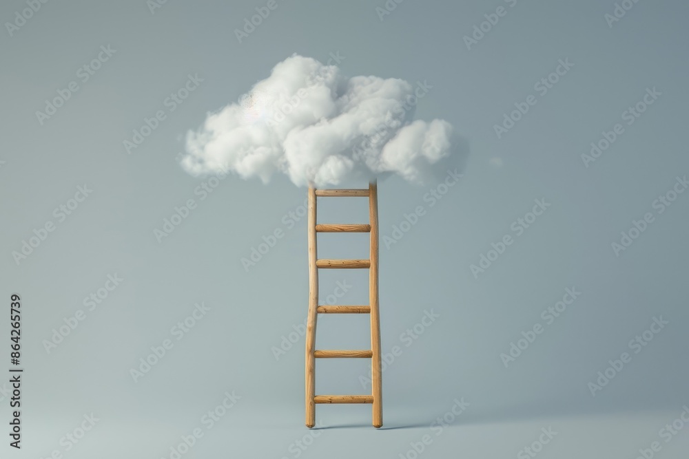 Conceptual design of a wooden ladder against a grey background with a cloud providing copy space for text Conceptual design of a wooden ladder against a grey background with a cloud providing copy space for text