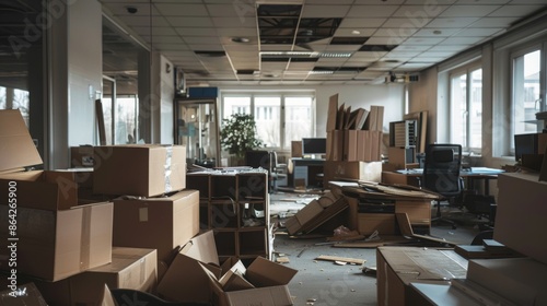 Bankrupt Office Clear-Out: Packing Boxes and Dismantled Furniture Moving Out