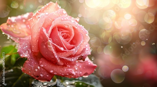 Shimmering pink rose with raindrops in backlight close up photo on light background