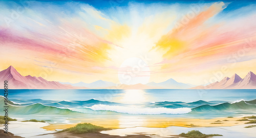 Watercolor Sunset Over Mountains and Ocean