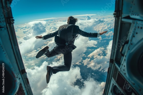 A businessman clad in formal attire skydives from a plane, embodying the resilience and vision necessary to tackle and triumph over the challenges encountered in business ventures.