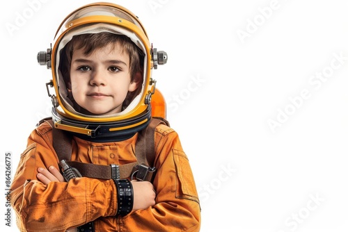 Boy in a space engineers suit with a toolkit, white background, copy space