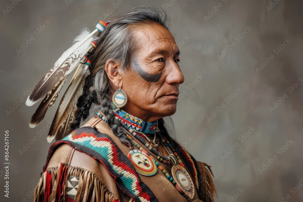Fototapeta premium Adorned in ornate cultural jewelry, a Native American man stands tall in a studio portrait, symbolizing pride and reverence for his heritage.