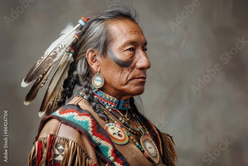 Adorned in ornate cultural jewelry, a Native American man stands tall in a studio portrait, symbolizing pride and reverence for his heritage.
