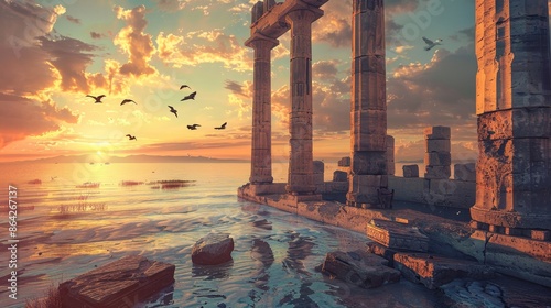 Fototapeta Naklejka Na Ścianę i Meble -  Majestic greek temple remnants  sunset illuminates tall seaside columns in realistic photo
