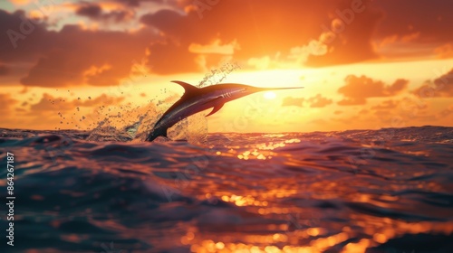 Close-up of a sleek swordfish leaping gracefully through the air against the backdrop of a vibrant sunset over the ocean