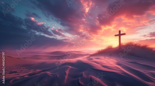 Silhouetted Cross Against Dramatic Dunes at Sunset © Andrii 