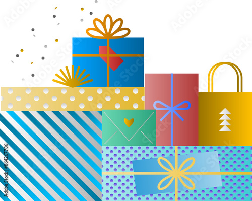 Present gift box icons set. Christmas and birthday gift icon illustration vector symbol isolated. Line and silhouette style, gift box with red ribbon, Christmas Tree made of Gift Boxes.
