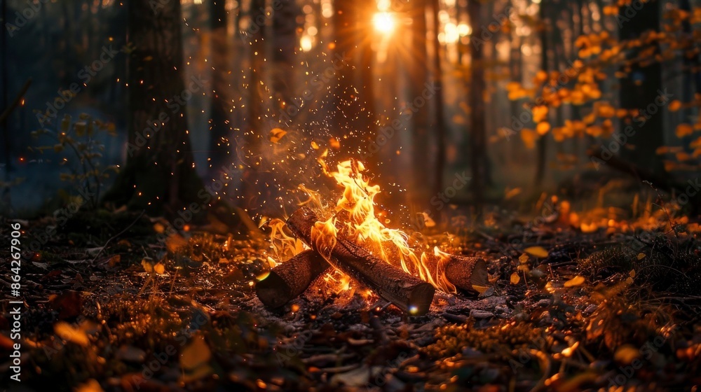 wood bonfire in a forest in autumn on a sunset wood bonfire in a forest in autumn on a sunset