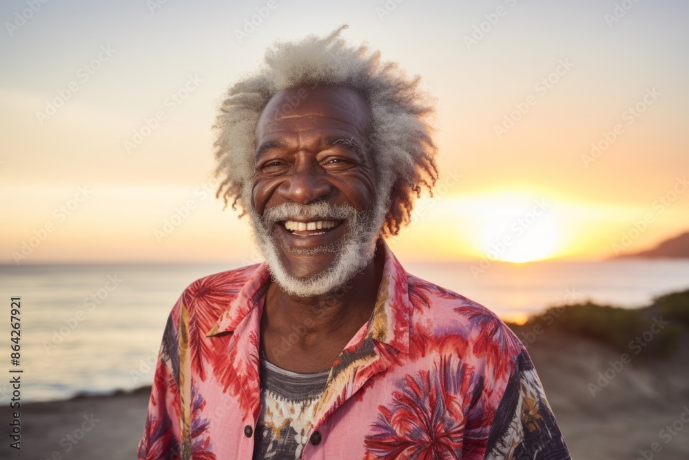 Portrait of a grinning afro-american man in his 80s donning a trendy cropped top in beautiful beach sunset