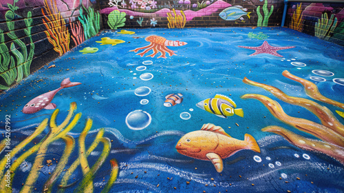 An underwater mural features vibrant sea creatures like fish, an octopus, and a starfish amidst colorful corals and bubbles, bringing life to a space. photo