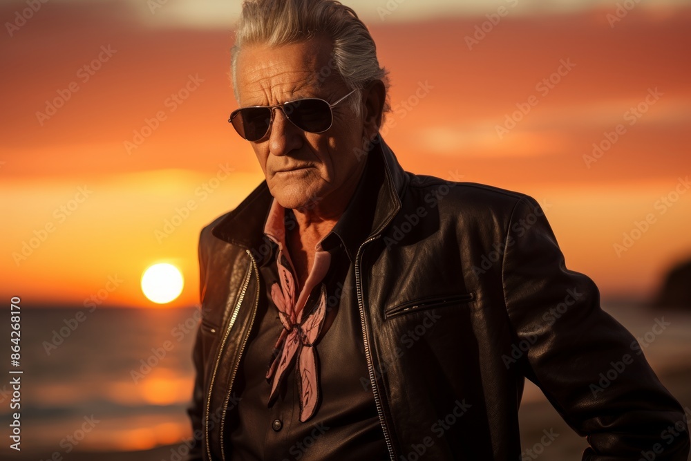 Fototapeta premium Portrait of a merry man in his 80s sporting a stylish leather blazer on beautiful beach sunset