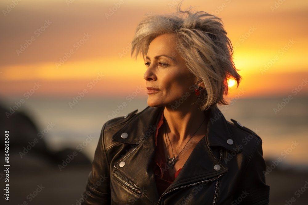 Portrait of a jovial woman in her 60s sporting a classic leather jacket on beautiful beach sunset Portrait of a jovial woman in her 60s sporting a classic leather jacket on beautiful beach sunset