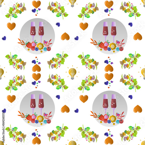 Seamless pattern of Two red wine glasses, on a yellow background, with red strawberries and flowers in front, light pastel tone vector work.
