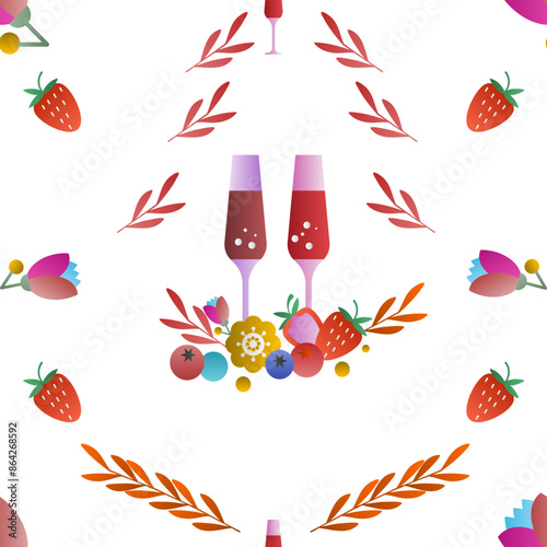 Two red of red wine, flowers and strawberries, Two red wine glasses, on a yellow background, with red strawberries and flowers in front, light pastel tone vector work.