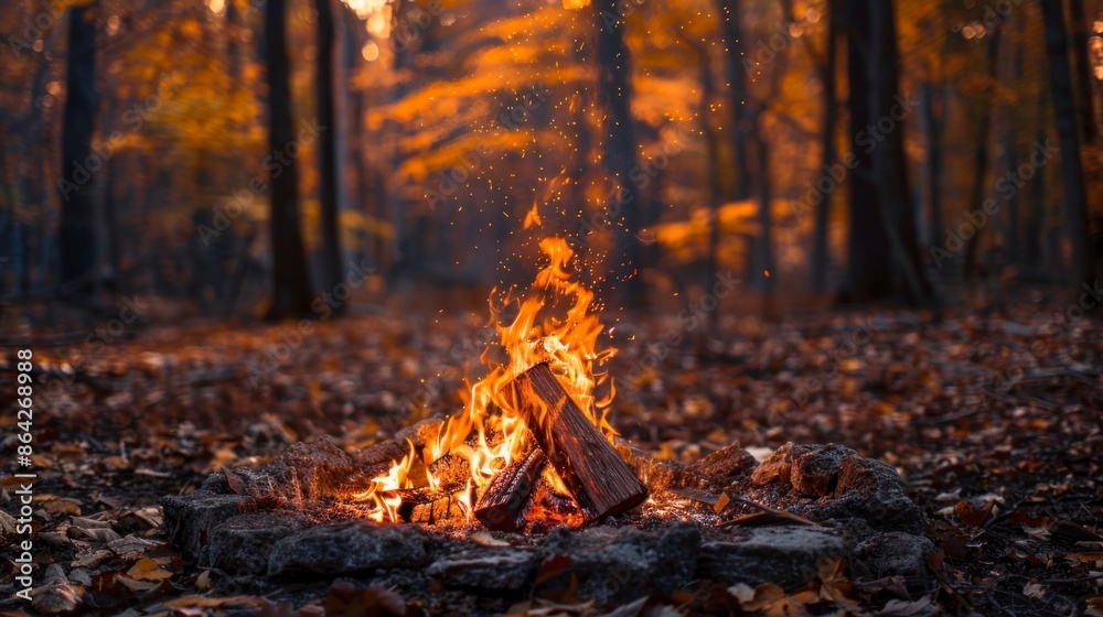 Obraz premium wood bonfire in a forest in autumn on a sunset