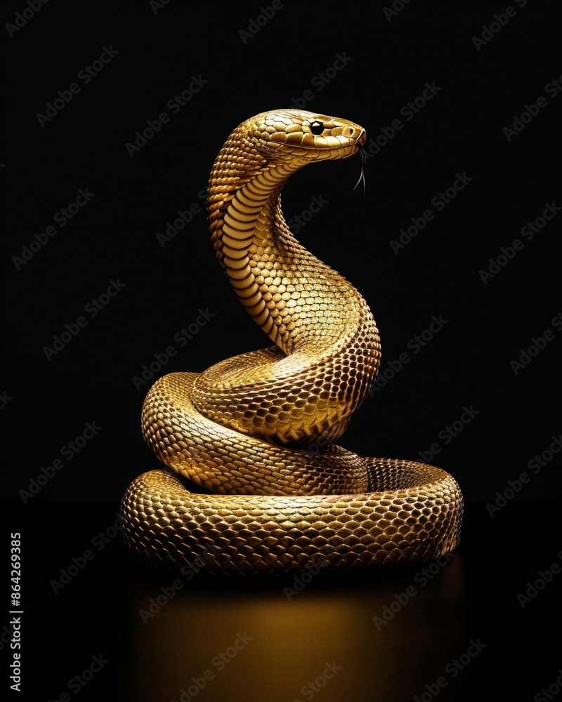 Fototapeta premium A golden snake on a black background is a symbol of the New Year. An illustration for a calendar. A symbol of wealth, success, prosperity and wisdom.
