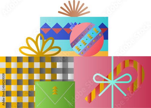 Present gift box icons set. Christmas and birthday gift icon illustration vector symbol isolated. Line and silhouette style, gift box with red ribbon, Christmas Tree made of Gift Boxes.