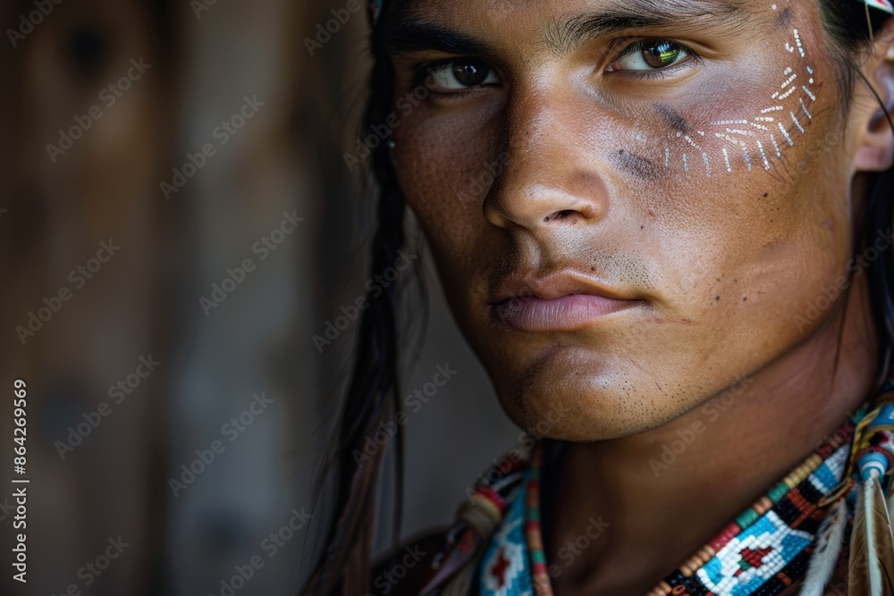 With a solemn gaze, a Native American man adorned in cultural jewelry stands in a studio setting, honoring his ancestral roots and legacy. Experience the reverence of heritage. With a solemn gaze, a Native American man adorned in cultural jewelry stands in a studio setting, honoring his ancestral roots and legacy. Experience the reverence of heritage.
