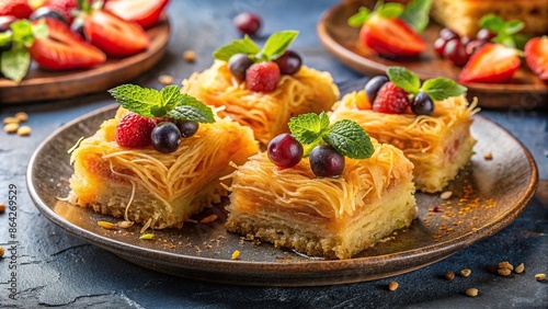 Delicious Middle Eastern dessert made with kataifi, baklava, and fresh fruits, kataifi, baklava, fruits, sweet photo
