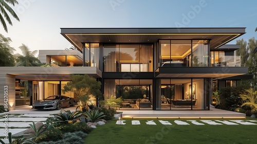A stunning two-story modern villa with large glass windows, featuring an elegant facade and interior design elements. © D-stock photo