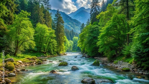 Mountain river flowing through lush green forest , nature, landscape, scenic, flowing water, trees, wilderness