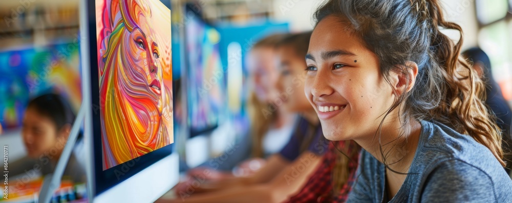 Creative Fusion: Joyful Students Engaging in Tech-Enhanced Art Class on Digital Canvases Creative Fusion: Joyful Students Engaging in Tech-Enhanced Art Class on Digital Canvases