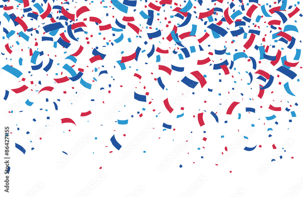 Blue and red falling paper confetti isolated on background. 4th July, Independence day party decor, invitation. Vector illustration web banner in Usa, Czech, Russia or French flag colors. Empty space