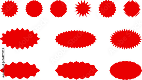 Starburst red sticker set - collection of special offer sale oval and round shaped sunburst labels and badges. Promo stickers with star edges. Vector.