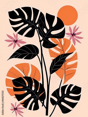 Abstract Geometric Monstera Leaves generative AI illustration	