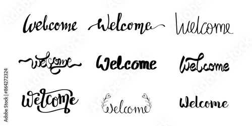 welcome sign, welcome hand lettering modern text calligraphy for banner, wedding, etc