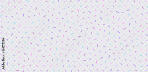 Border with colorful sprinkles. Glaze for donut, ice cream or muffins with pastel pink, purple and blue falling decorative candies, hearts and stars. Vector Illustration for holiday designs.