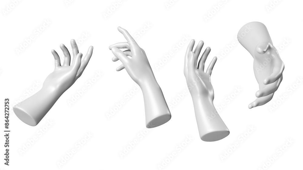 Fototapeta premium Set of white stone statue hand renders isolated on white, 3d render
