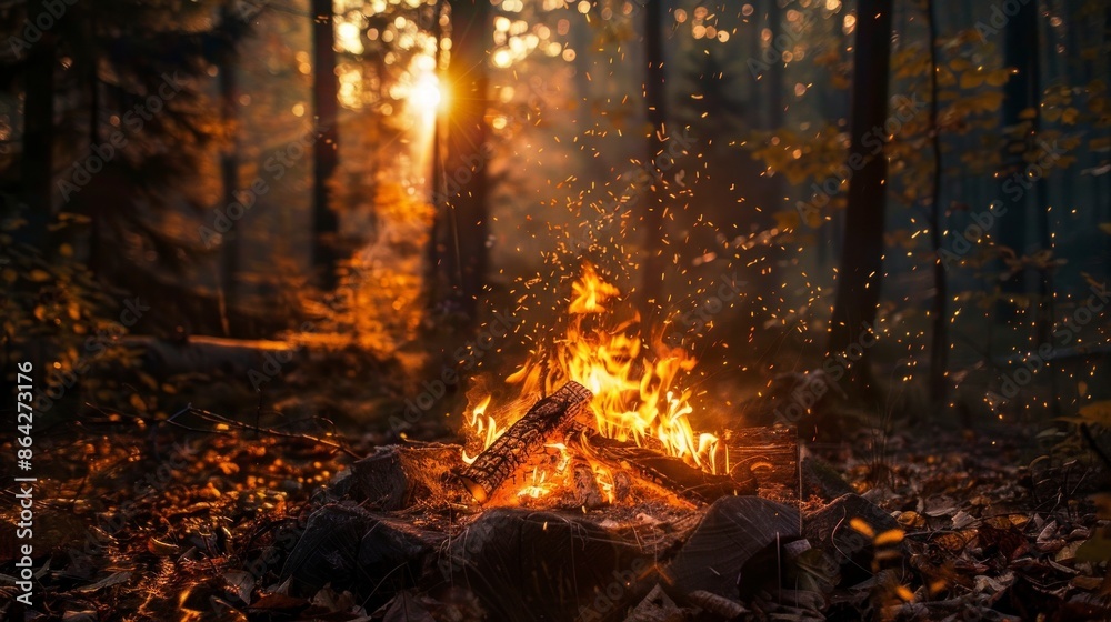 wood bonfire in a forest in autumn on a sunset wood bonfire in a forest in autumn on a sunset