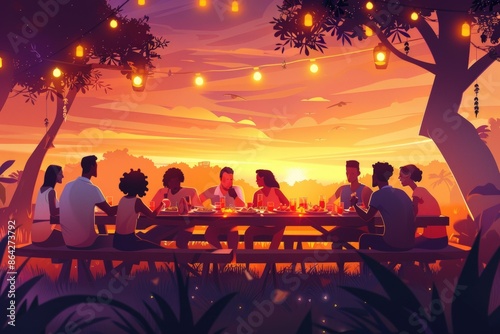 A group of people are sitting around a picnic table at sunset, having a barbecue, bbq, illustrations, summer activities. © peerasak