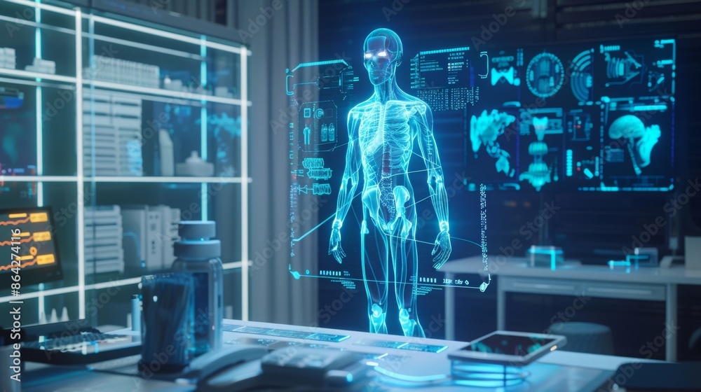 Futuristic Medical AI Analysis in High-Tech Lab with Neon Blue Holographic Interface - 3D Render Concept Futuristic Medical AI Analysis in High-Tech Lab with Neon Blue Holographic Interface - 3D Render Concept