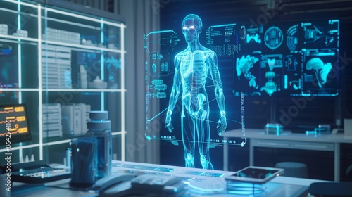 Futuristic Medical AI Analysis in High-Tech Lab with Neon Blue Holographic Interface - 3D Render Concept