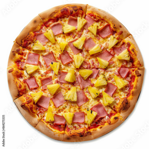 A Hawaiian pizza topped with ham and pineapple chunks, isolated on white background photo