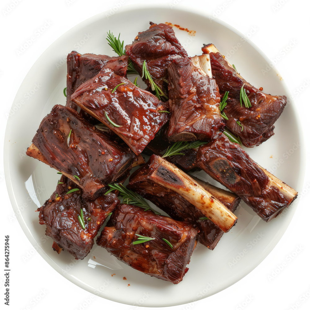 A plate of marinated beef short ribs, cooked to tender perfection, isolated on white background