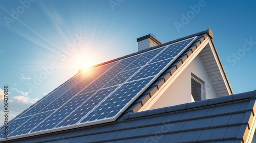 Wallpaper Mural High-resolution image of a contemporary home with solar panels on the roof, emphasizing renewable energy and eco-friendly living under a bright blue sky Torontodigital.ca