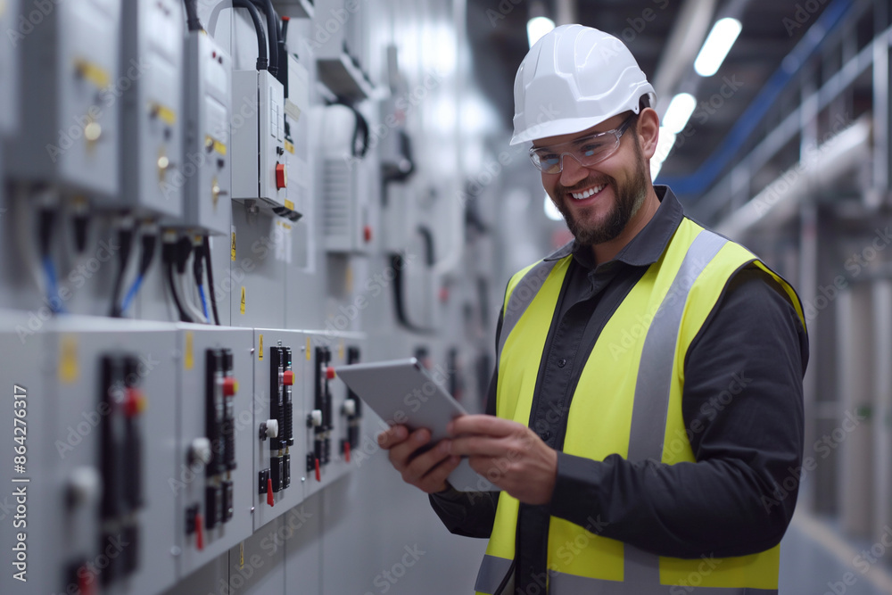 Smiling Engineer Using Tablet in Industrial Facility Generative AI image Smiling Engineer Using Tablet in Industrial Facility Generative AI image