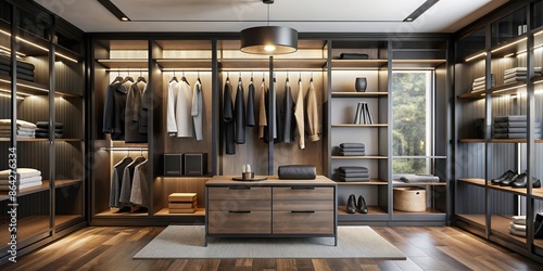 Stylish walk-in wardrobe with minimalistic black wood elements and attractive look, minimalistic, black wood, stylish photo