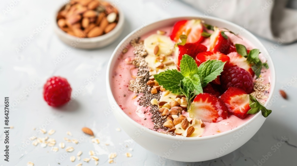 Fresh strawberry and banana smoothie bowl topped with nuts, seeds, and mint on a white marble background. Healthy breakfast concept. Fresh strawberry and banana smoothie bowl topped with nuts, seeds, and mint on a white marble background. Healthy breakfast concept.