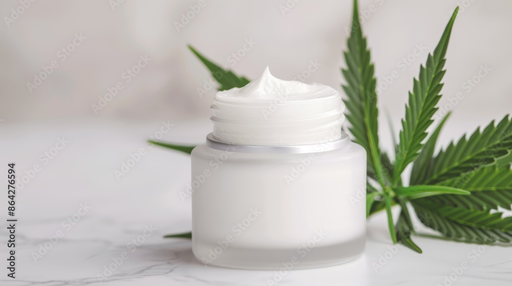 Jar of Cannabis ointment natural product. Cosmetic cream from natural hemp, moisturizing lotion with CBD content, leaves and medical cannabis flower buds nearby, with copy space Jar of Cannabis ointment natural product. Cosmetic cream from natural hemp, moisturizing lotion with CBD content, leaves and medical cannabis flower buds nearby, with copy space
