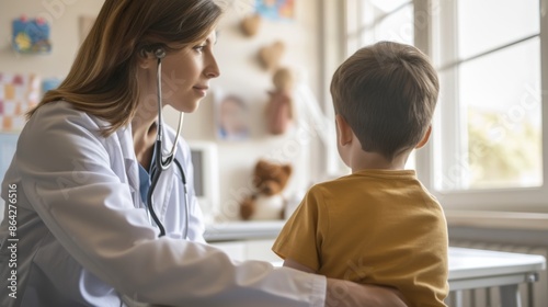 A pediatrician listening to a child's back with a stethoscope during a routine check-up