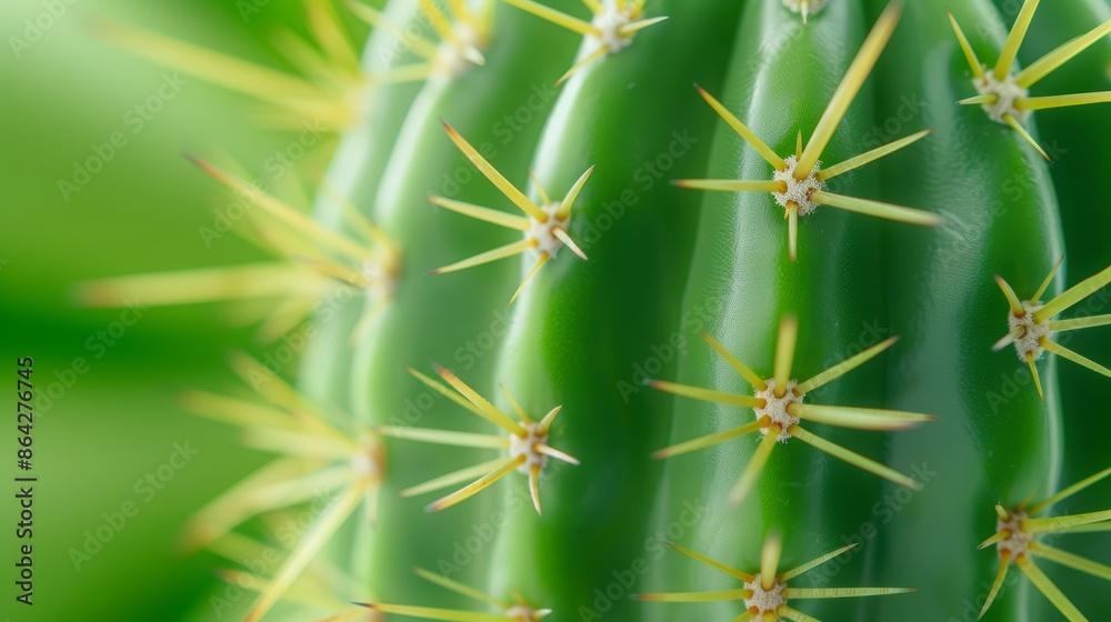 Macro shot of a bright green cactus with striking yellow spines, bathed in natural sunlight. Perfect for nature and botanical themes, showcasing the plant's detailed structure and vivid colors Macro shot of a bright green cactus with striking yellow spines, bathed in natural sunlight. Perfect for nature and botanical themes, showcasing the plant's detailed structure and vivid colors