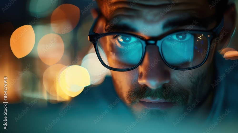 Focused man wearing glasses and working on a computer late at night with bokeh lights in the background, highlighting concentration and technology. Focused man wearing glasses and working on a computer late at night with bokeh lights in the background, highlighting concentration and technology.