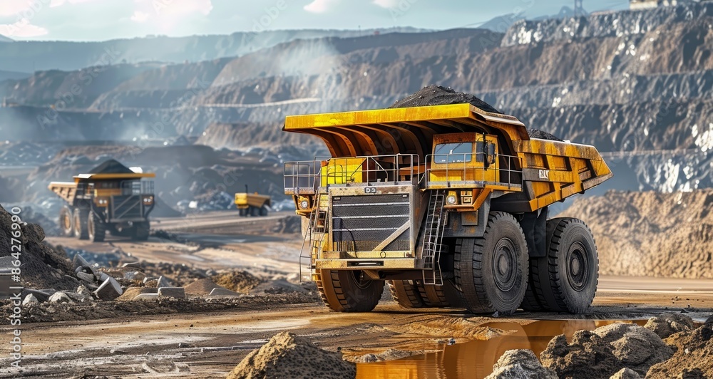 A large number of yellow mining trucks operate at an openpit mine under the sun, showcasing heavy industrial activity A large number of yellow mining trucks operate at an openpit mine under the sun, showcasing heavy industrial activity